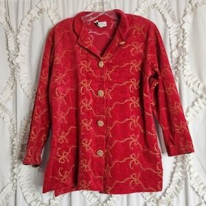 Vintage Red Christmas Gold Bows Button  Cardigan Glitter Sweater sz Small